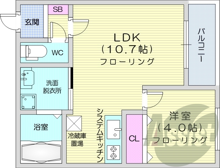1LDK、都市ガス、浴室乾燥機、エアコン、システムキッチン