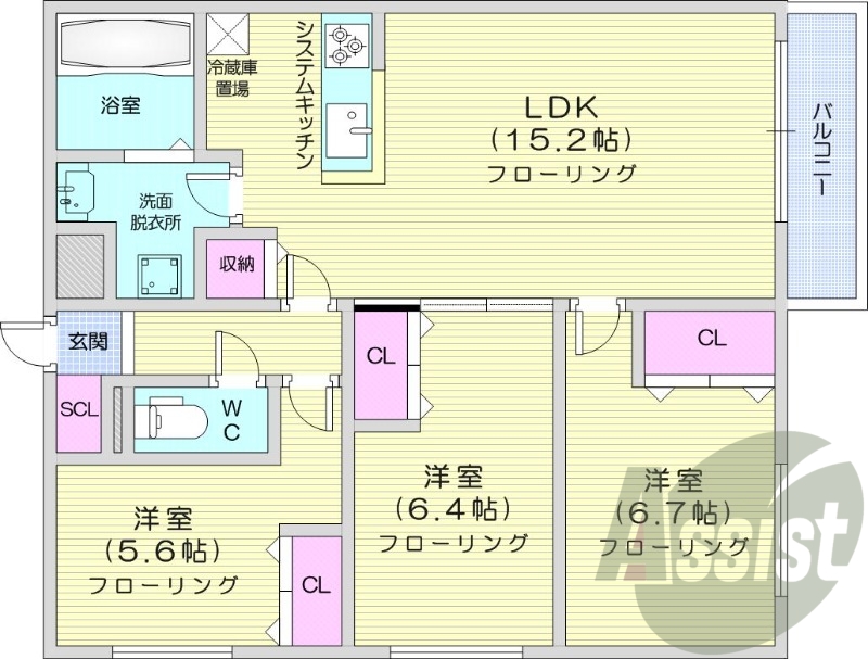 3LDK、エアコン、浴室乾燥機、システムキッチン