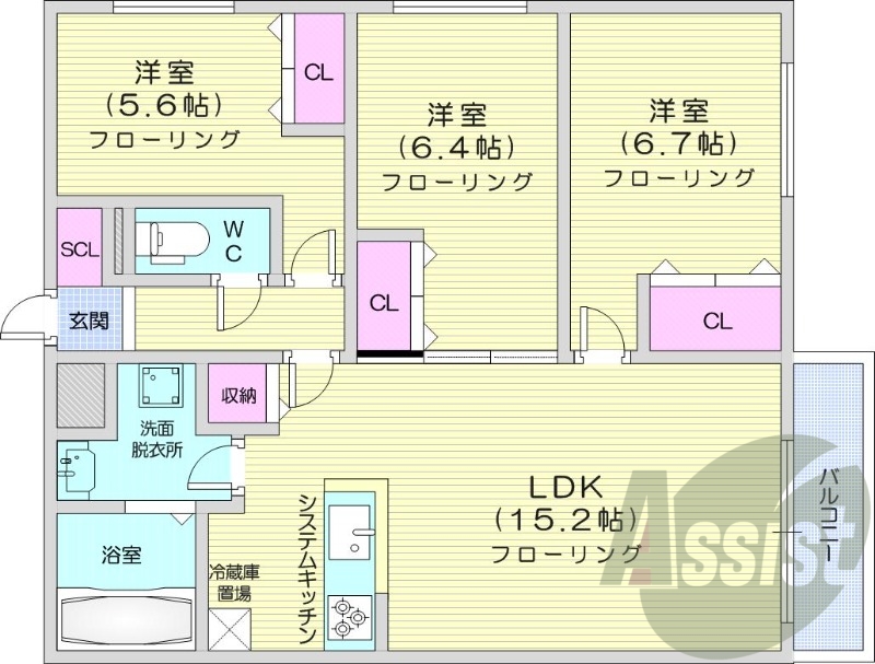 3LDK、エアコン、浴室乾燥機、システムキッチン
