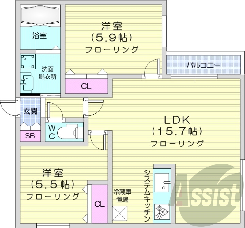 2LDK、エアコン、浴室乾燥機、システムキッチン