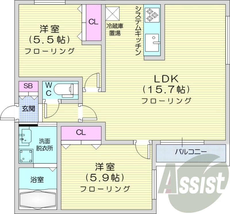 2LDK、エアコン、浴室乾燥機、システムキッチン