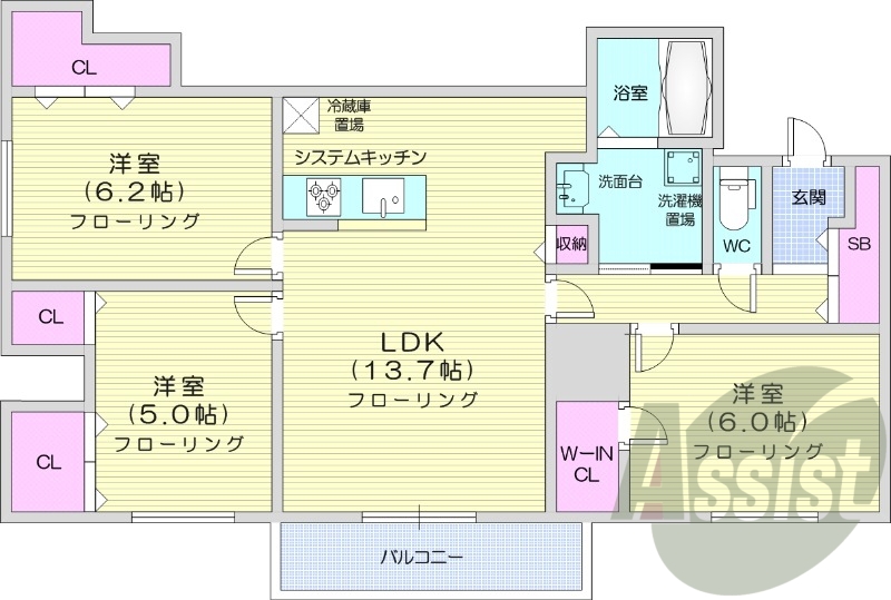 3LDK、追い焚き、エアコン、浴室乾燥機、システムキッチン