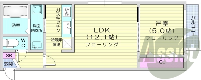 1LDK、バストイレ別、独立洗面台、テレビモニターホン