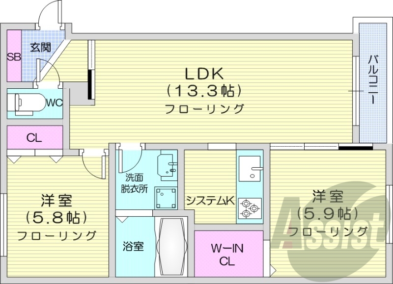 2LDK、都市ガス、追い焚き、エアコン、オートロック