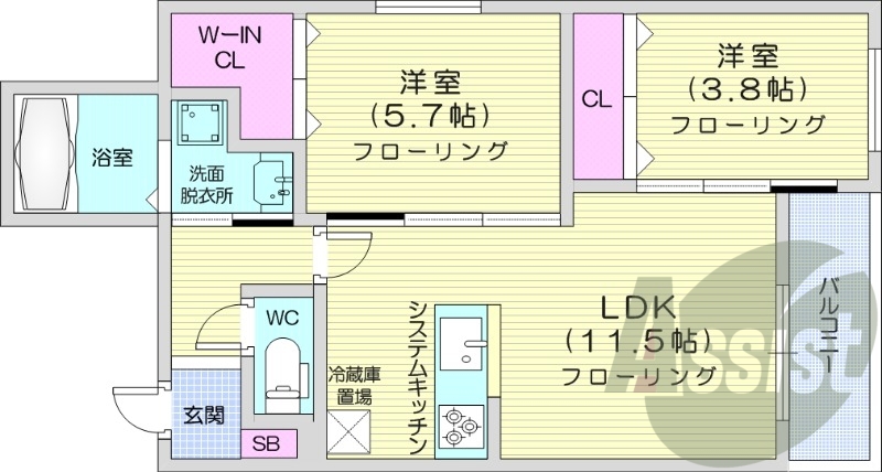 2LDK、エアコン、都市ガス、ペット飼育可能