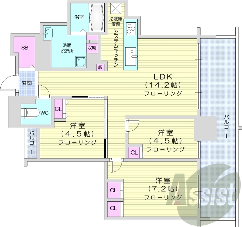 3LDK、システムキッチン、床暖房、シャワートイレ