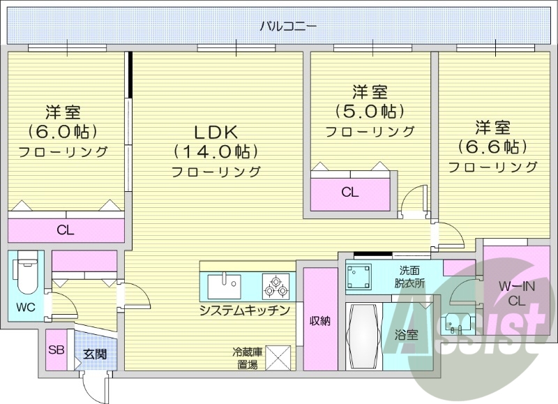 3LDK、都市ガス、追い焚き、エアコン、システムキッチン