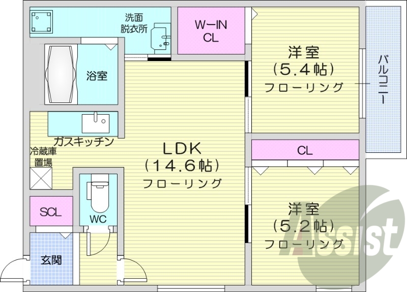 2LDK、エアコン、灯油暖房、バストイレ別