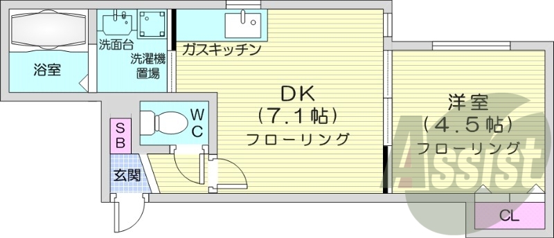1DK、灯油給湯器、オートロック、エアコン