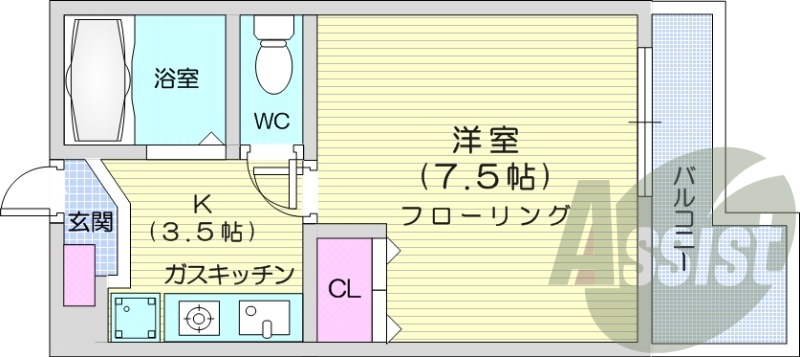 1K、クローゼット、都市ガス、暖房、シューズボックス