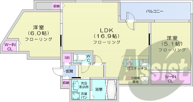 2LDK、ウォークインクローゼット、システムキッチン