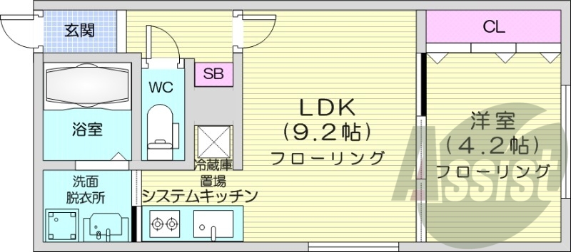 1LDK、エアコン、都市ガス、システムキッチン