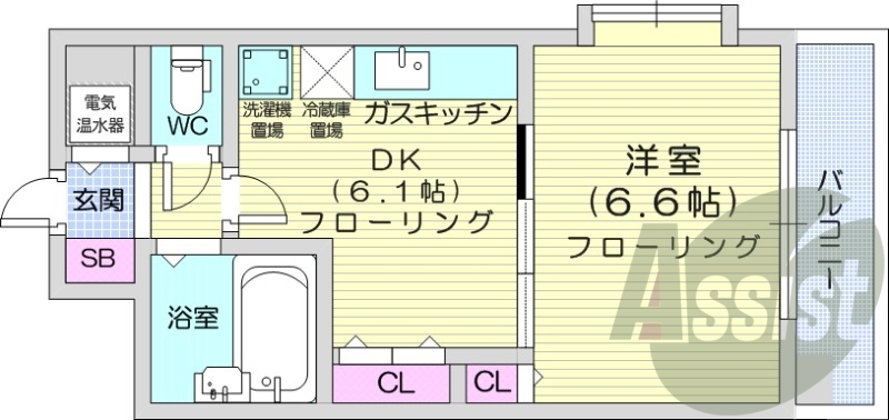 1DK、都市ガス、バストイレ別、オートロック