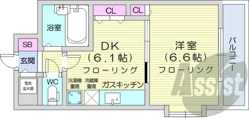 1DK、都市ガス、オートロック、電気温水器