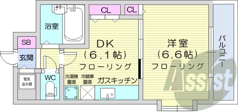1DK、都市ガス、電気温水器、バストイレ別