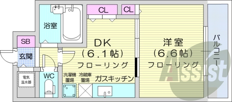 1DK、都市ガス、バストイレ別、電気温水器