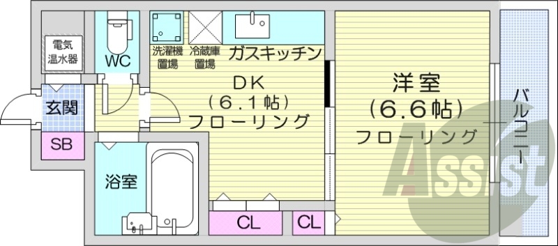 1DK、都市ガス、電気温水器、バストイレ別