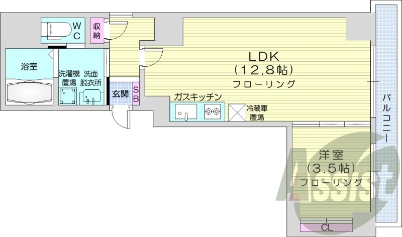 1LDK、都市ガス、エアコン、システムキッチン