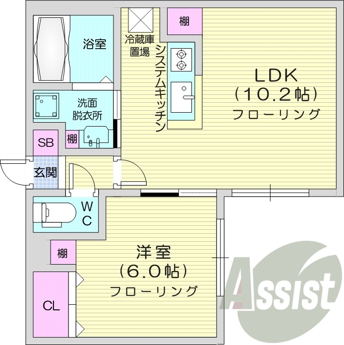 1LDK、システムキッチン、エアコン、ネット使用料不要