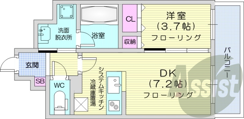 1LDK、IHシステムキッチン、シャワートイレ、都市ガス