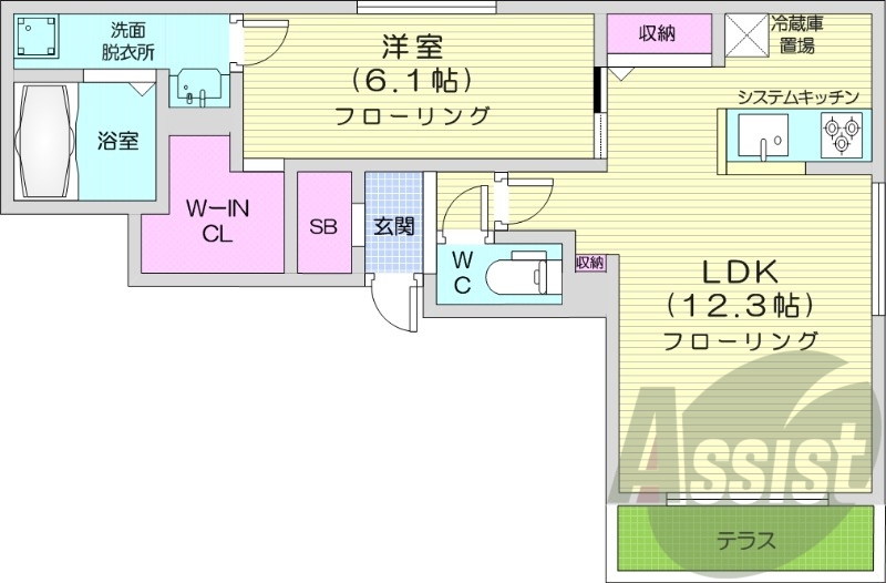 1LDK、都市ガス、エアコン、システムキッチン