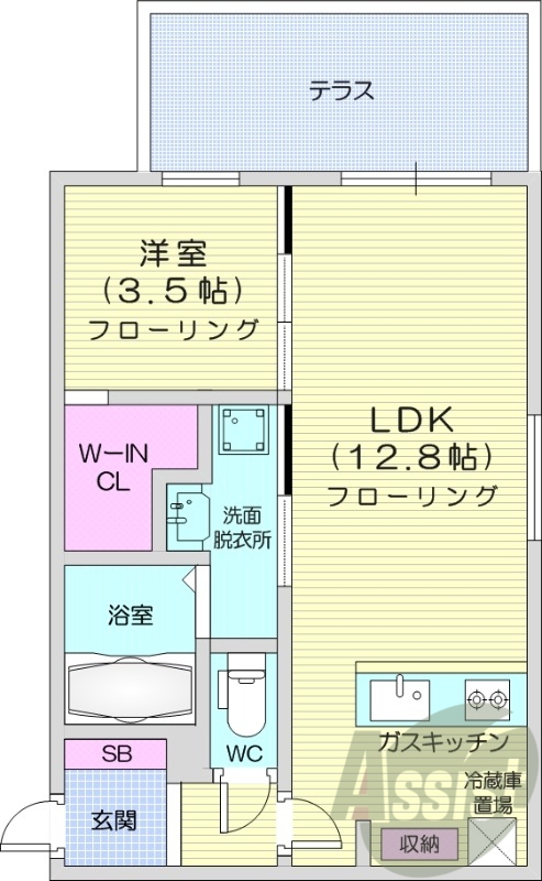 1LDK、都市ガス、エアコン、システムキッチン