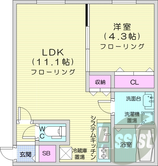 1LDK、都市ガス、エアコン、システムキッチン