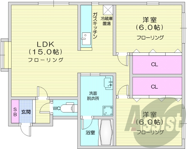 2LDK、洗髪洗面化粧台、対面キッチン、屋根付き駐輪場