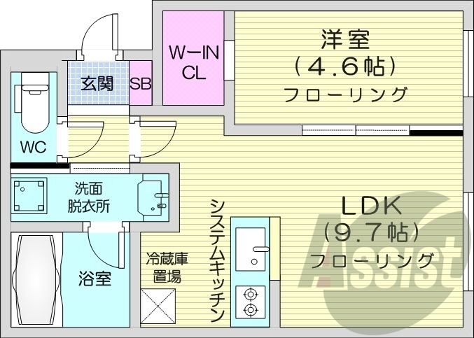 1LDK、都市ガス、エアコン、システムキッチン、浴室乾燥機