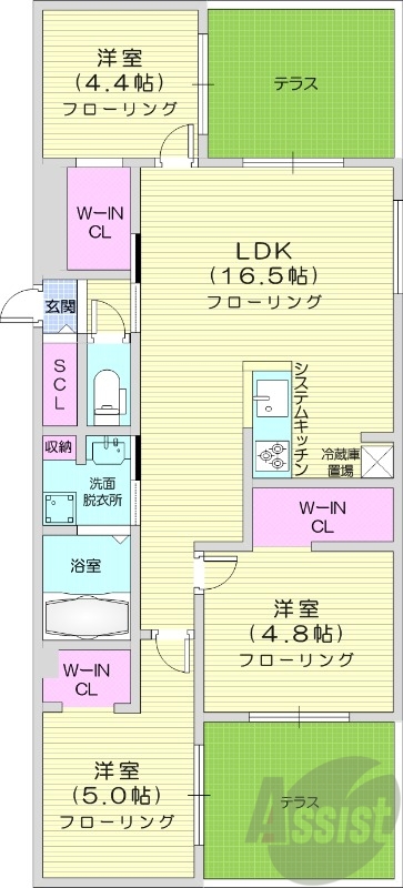 3LDK、都市ガス、エアコン、システムキッチン、浴室乾燥機