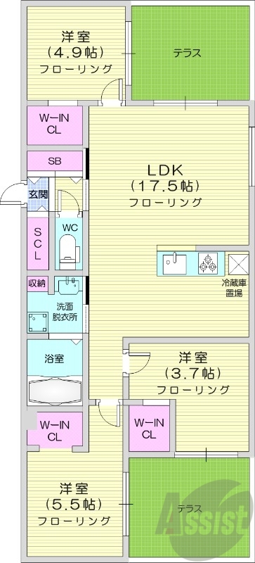 3LDK、都市ガス、エアコン、浴室乾燥機、ネット無料