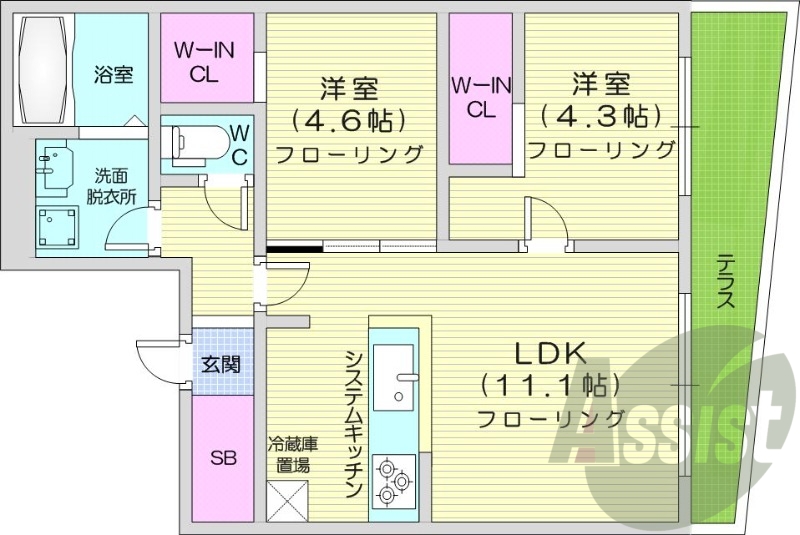 2LDK、都市ガス、エアコン、浴室乾燥機、ネット無料