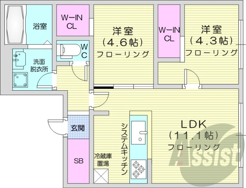 2LDK、都市ガス、エアコン、浴室乾燥機、ネット無料