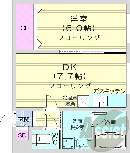 1DK、都市ガス、インターネット無料、角部屋