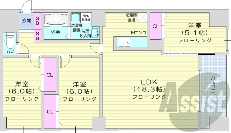 3LDK、カウンターキッチン、独立洗面台、ネット無料