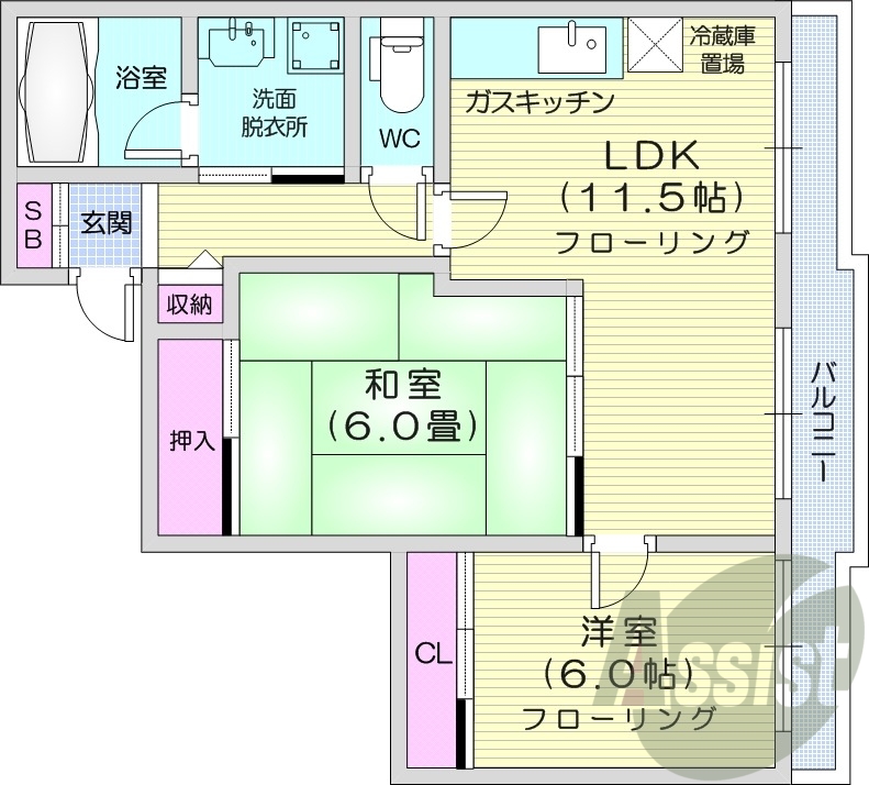 2LDK、都市ガス、灯油暖房、独立洗面台