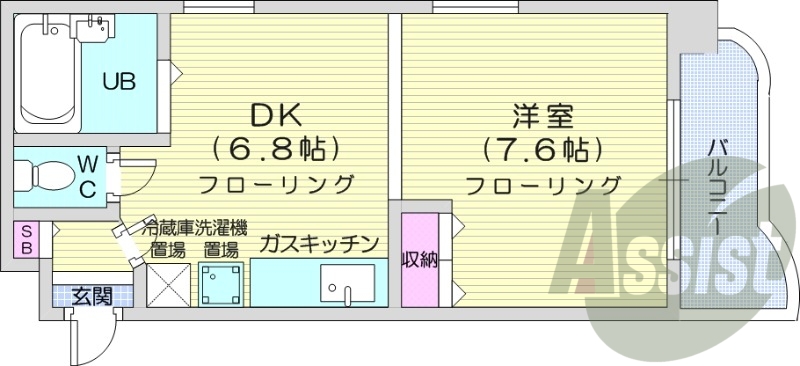 1DK、バストイレ別、シューズボックス、ガスキッチン