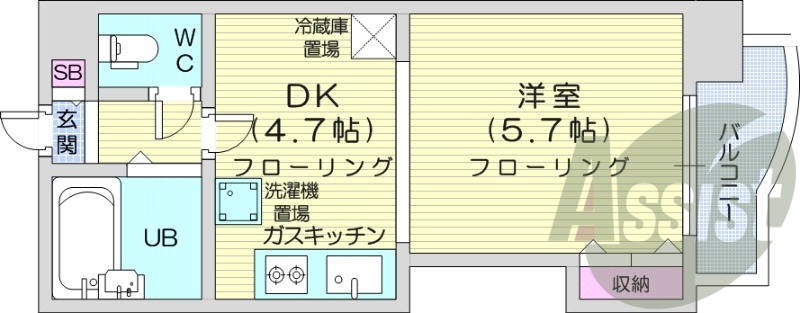 1DK、バストイレ別、シューズボックス、ガスキッチン