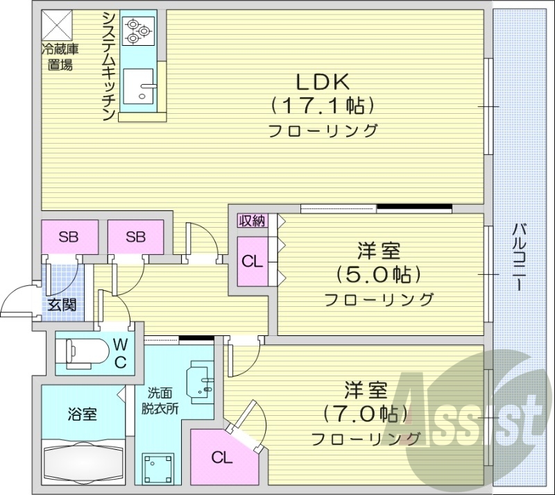 2LDK、都市ガス、システムキッチン、浴室乾燥機
