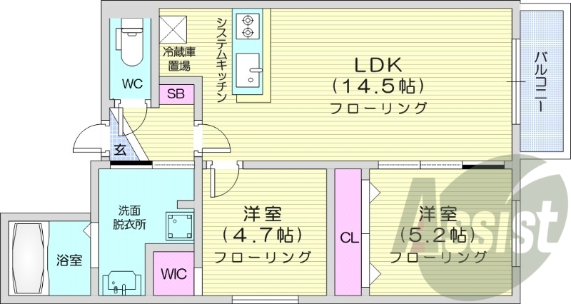 2LDK、エアコン、都市ガス、システムキッチン