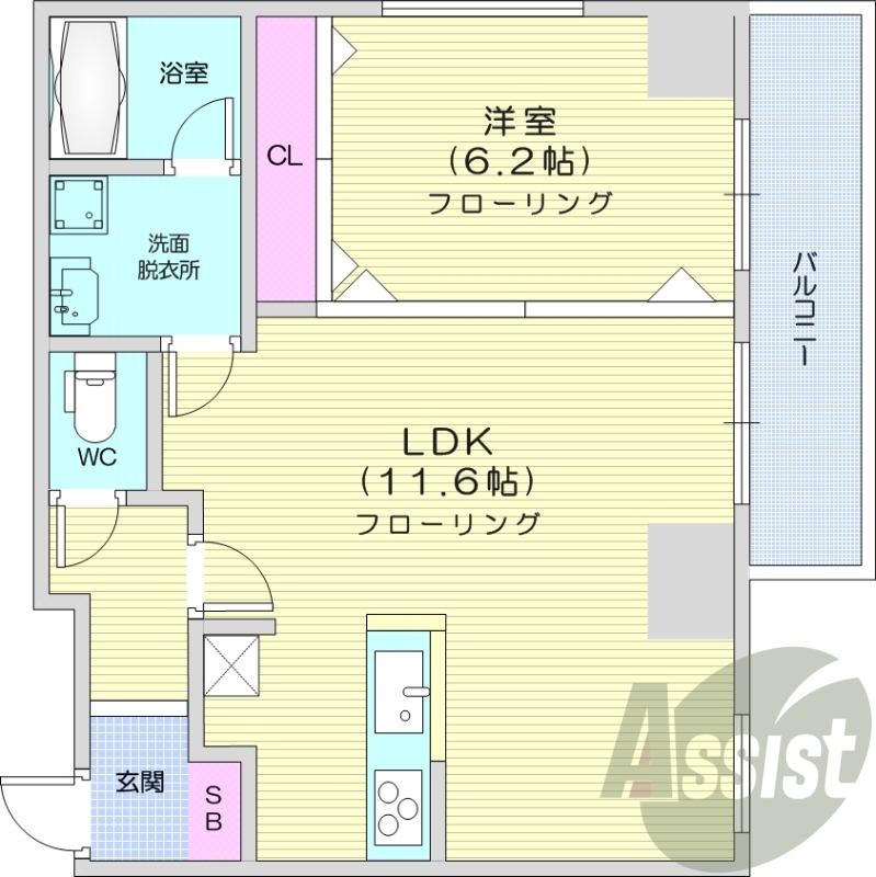 1LDK、カウンターキッチン、バルコニー、洗面台独立