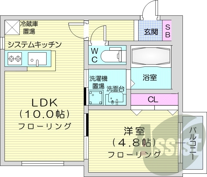 1LDK、都市ガス、エアコン、独立洗面台、システムキッチン