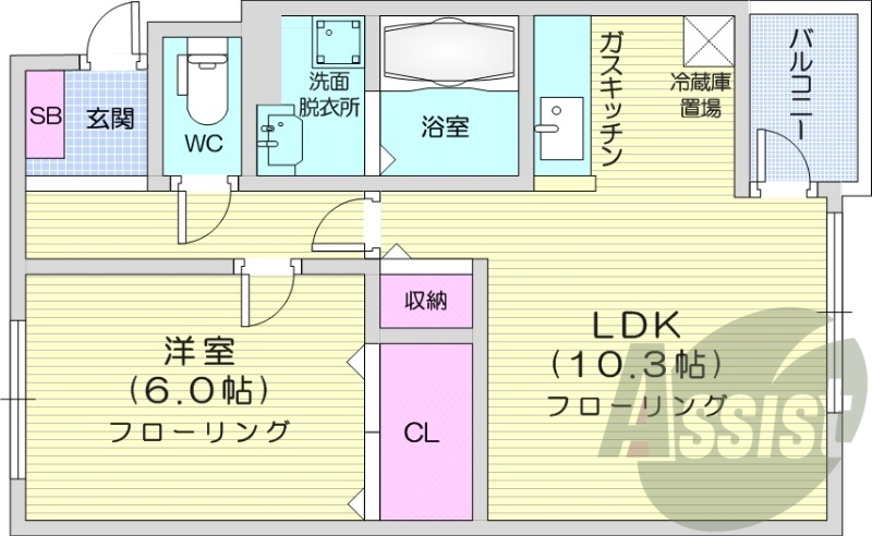 1LDK、オートロック、浴室乾燥機、脱衣所