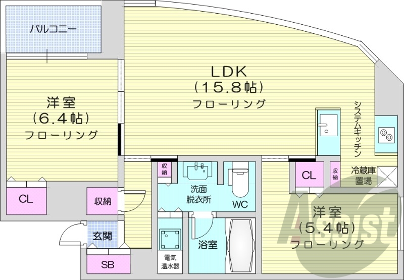 2LDK、エアコン、光ファイバー、システムキッチン