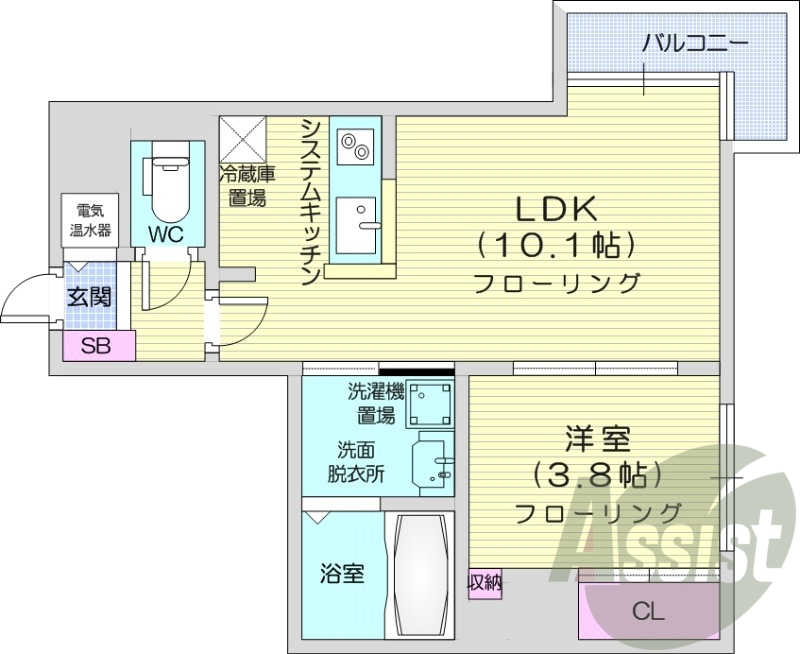 1LDK、IHシステムキッチン、シャワートイレ、オール電化
