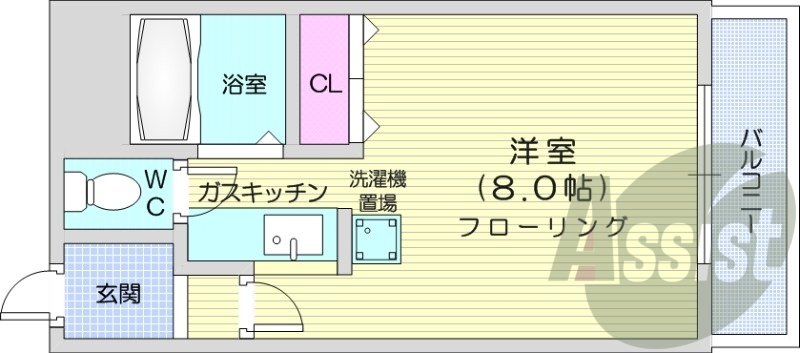 1K、バス・トイレ別、ガス暖房、バルコニー、ガスコンロ設置可