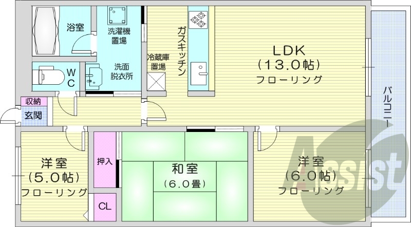 3LDK、都市ガス、システムキッチン、クローゼット