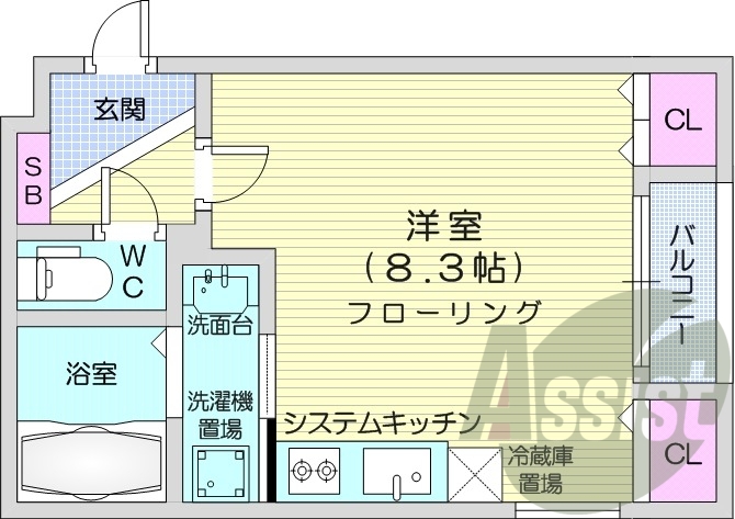 1R、システムキッチン、エアコン、バルコニー、シャワートイレ