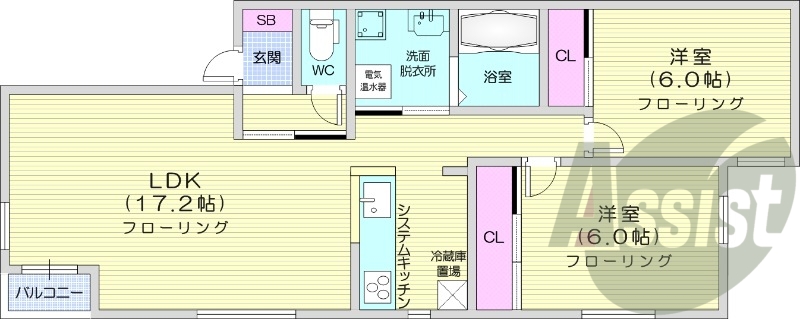 2LDK、エアコン、都市ガス、ネット無料