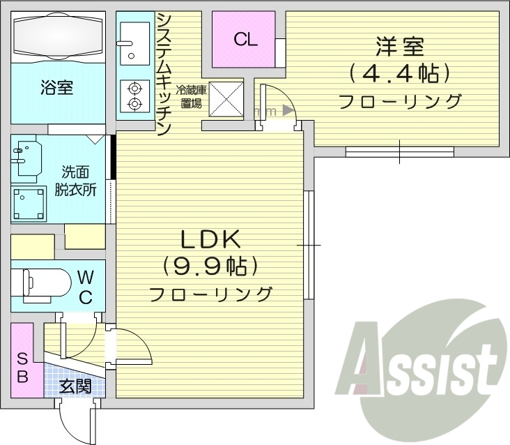 1LDK、エアコン、システムキッチン、ネット無料